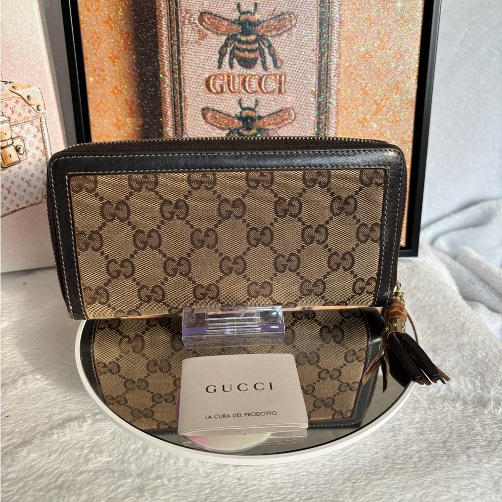 Gucci Dark Brown Leather Zip-Around Wallet with Bamboo Pull - Picture 7 of 8